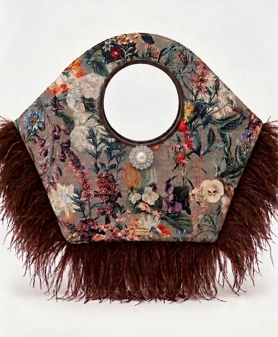 [FORGET ME NOT] Autumn Floral Velvet & Chocolate Brown Ostrich feather bag